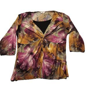 CJ Banks Blouse Women 2X Multicolor Floral Scoop Neck 3/4 Sleeve Attached Insert